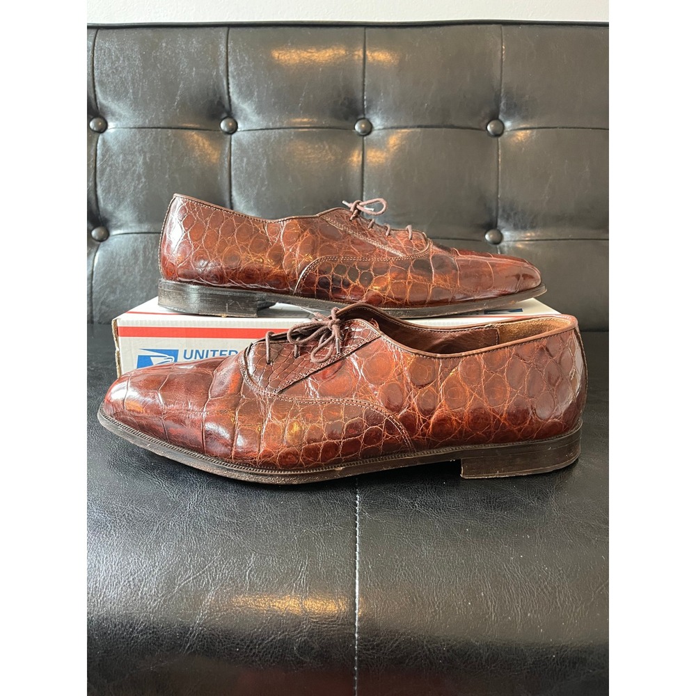 David Eden Gino Mens Cognac Brown Crocodile Embossed Leather Oxfords